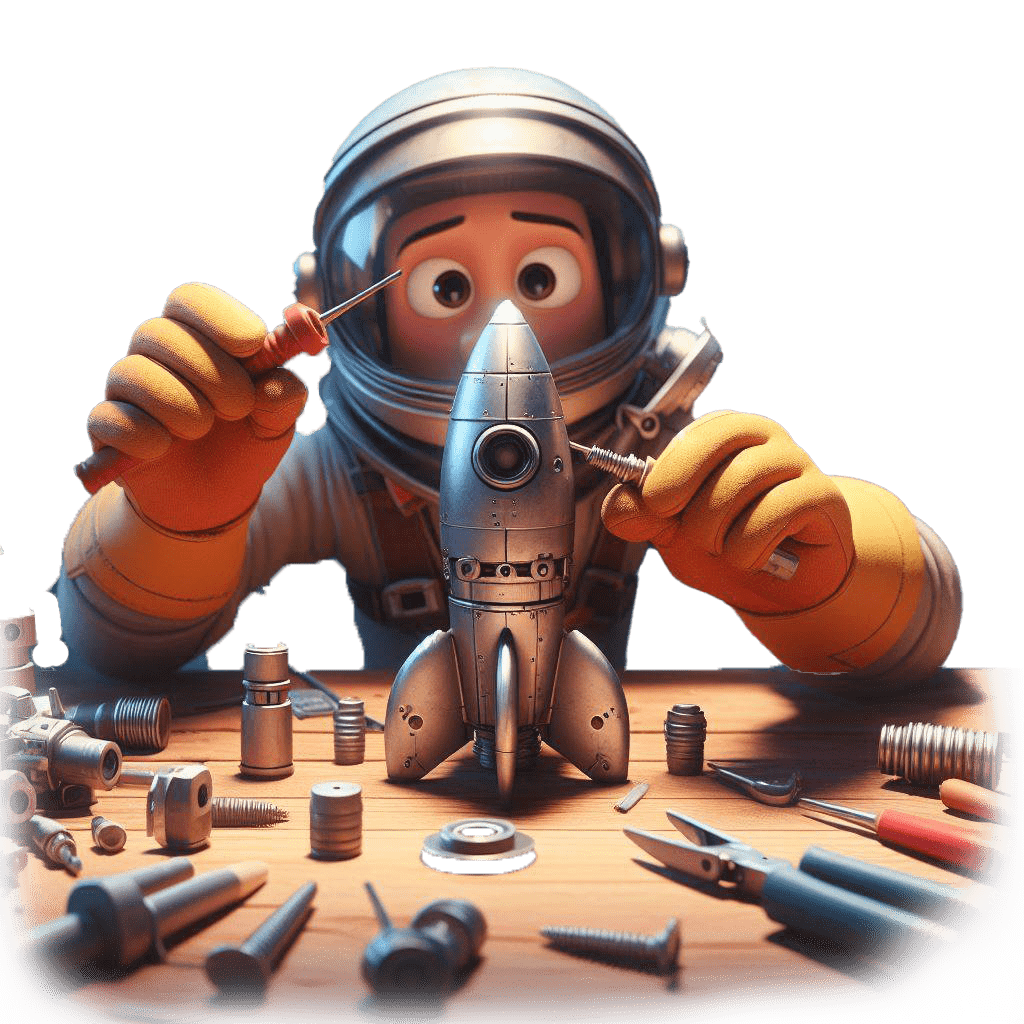 Astronaut bastelt an einer Rakete
